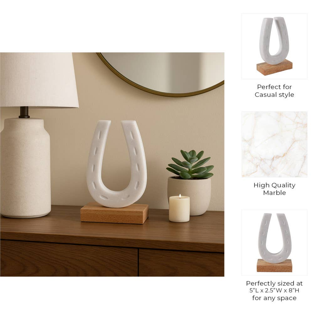 White and Brown Marble Horseshoe Figurine on Wood Base, 8 in.