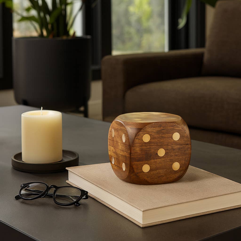 Box Game Set - Brown Mango Wood Dice-Shaped Storage, 4 in.