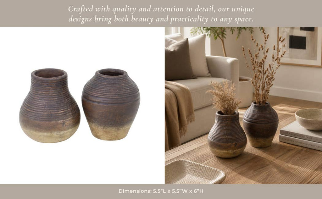 Decorative Vase Set of 2 - Brown Terracotta Grooved Lines, 6 in.