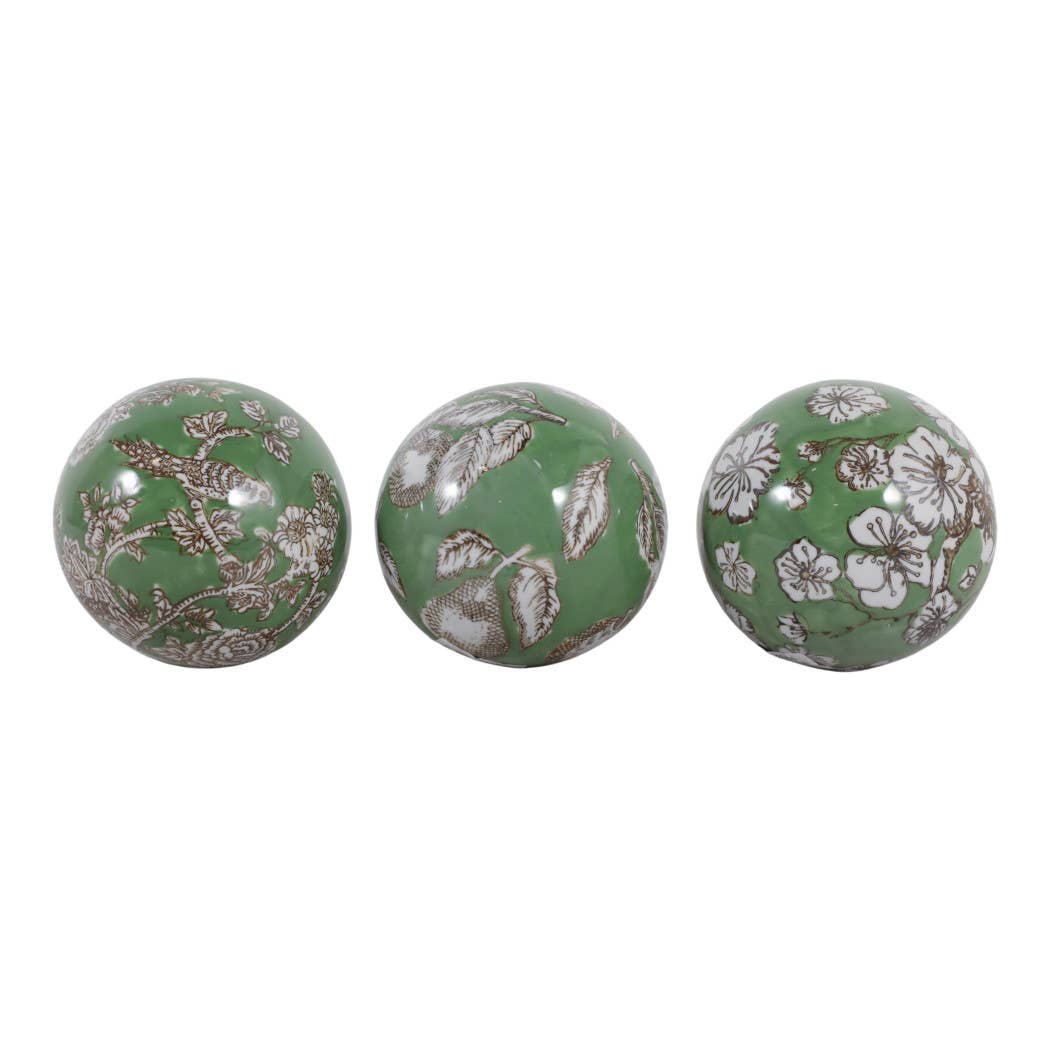 Objects Set of 3 - Green/White Ceramic Chinoiserie Orb, 5 in.