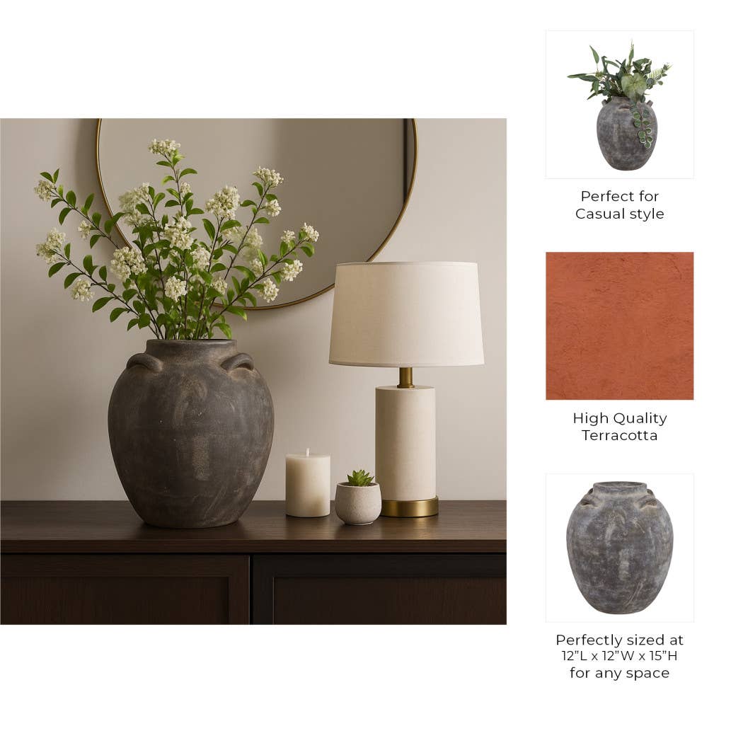 Decorative Vase - Grey Terracotta Jar with Multi Handles, 15 in.