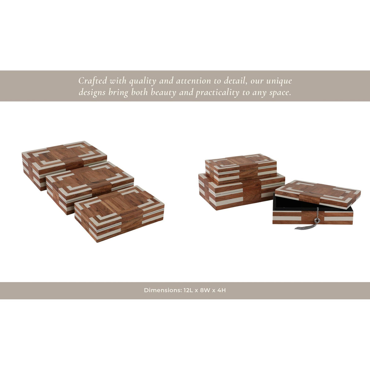 Decorative Boxes Set of 3 - Ivory Wooden Inlay, 10/11/12 in.