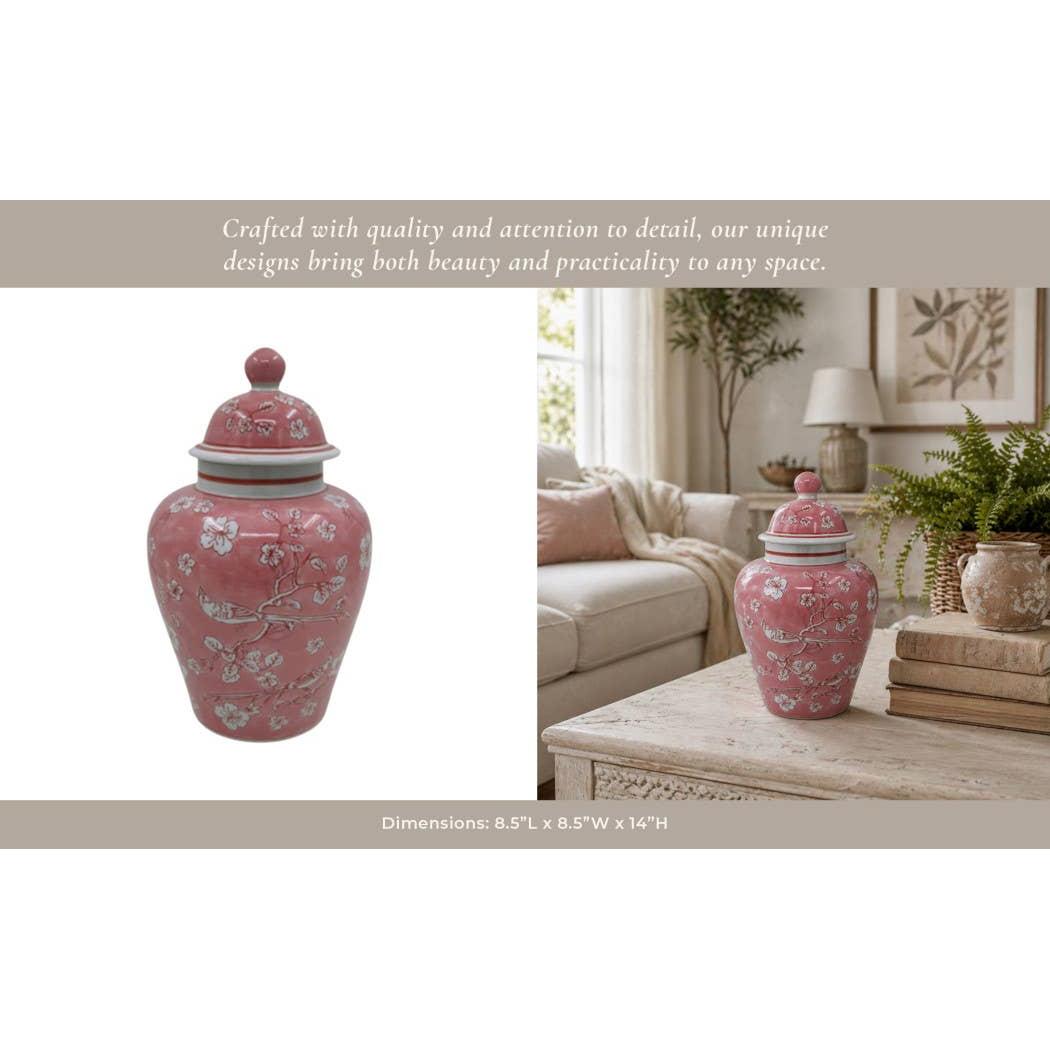 Decorative Jar - Pink/White Ceramic Floral Chinoiserie, 14 in.