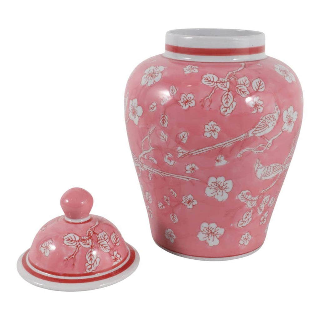 Decorative Jar - Pink/White Ceramic Floral Chinoiserie, 14 in.
