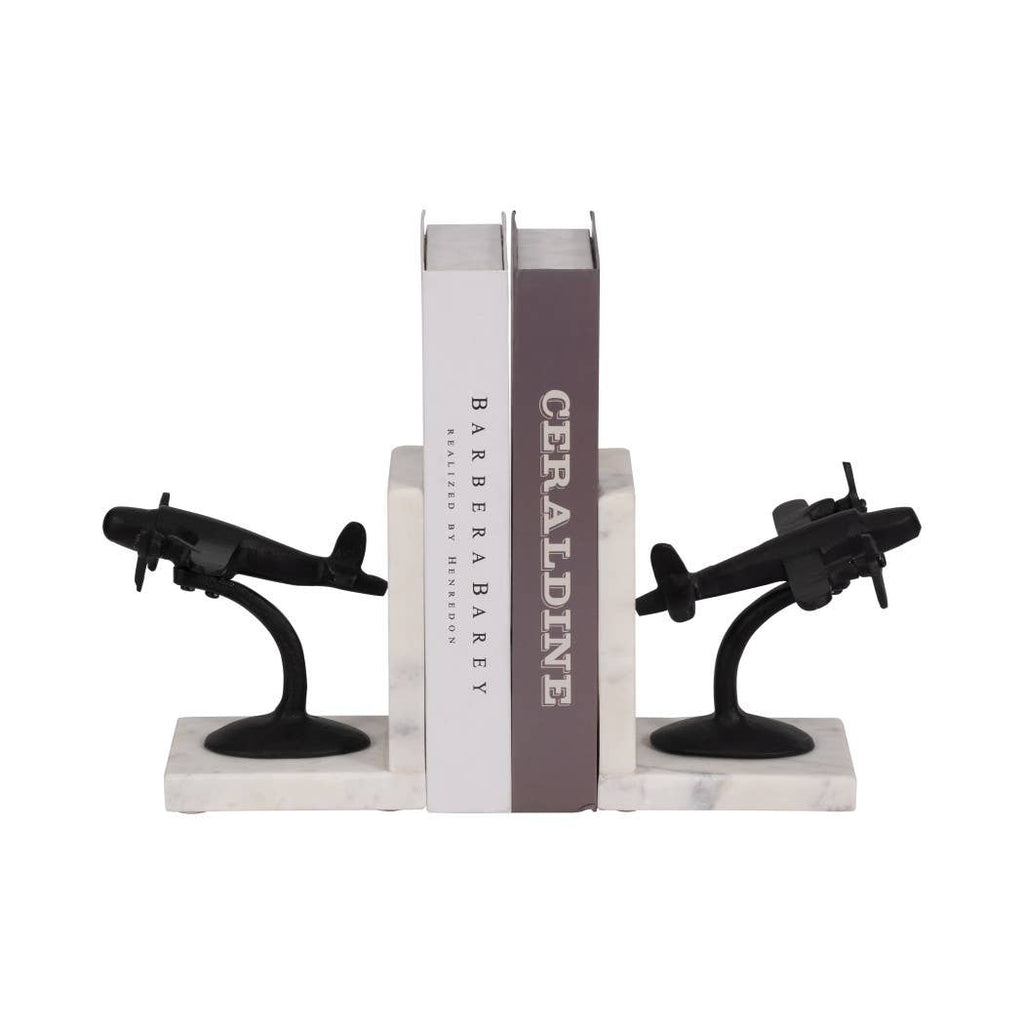 Bookends Set of 2 - Black/White Airplane on Marble, 6 in.