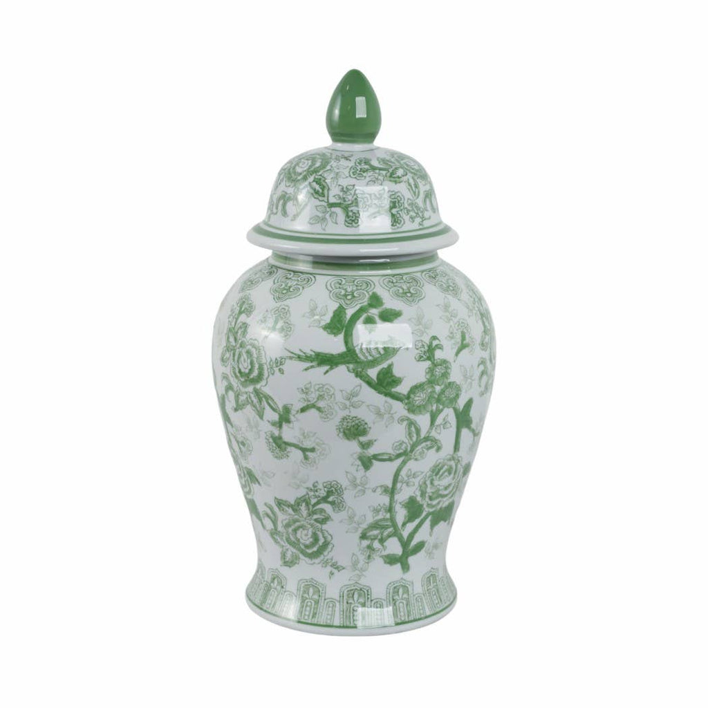 Green Tall Bird and Flower Ceramic Jar, 18 in.