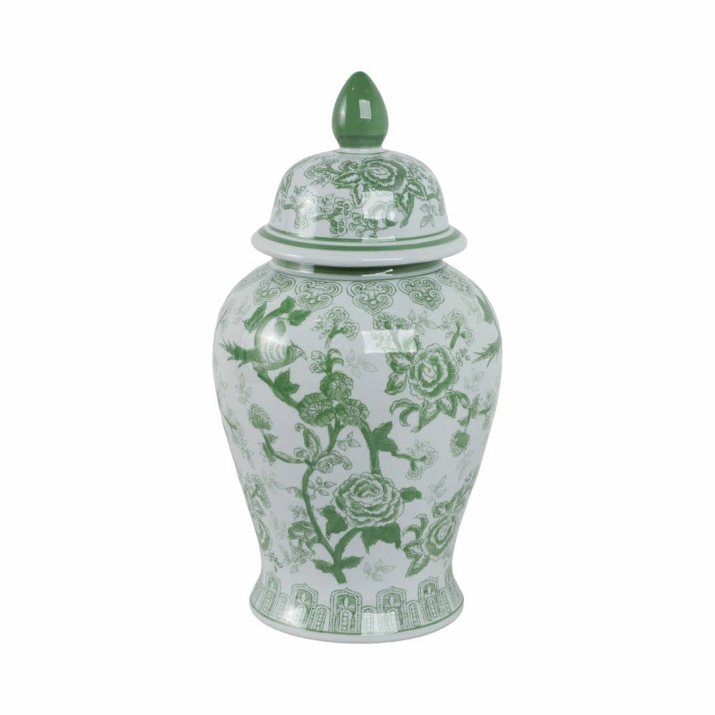 Green Tall Bird and Flower Ceramic Jar, 18 in.