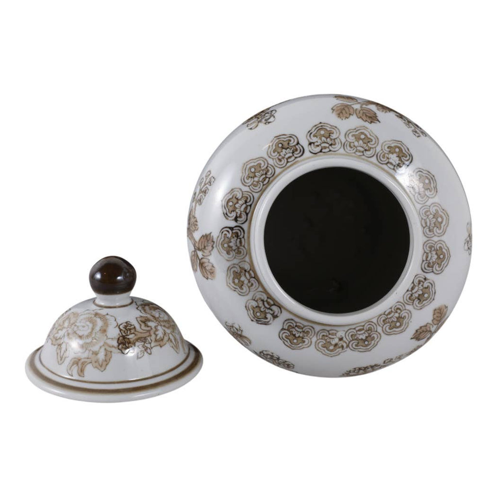 Temple Jar - Brown/White Ceramic Chinoiserie Bird, 12 in.