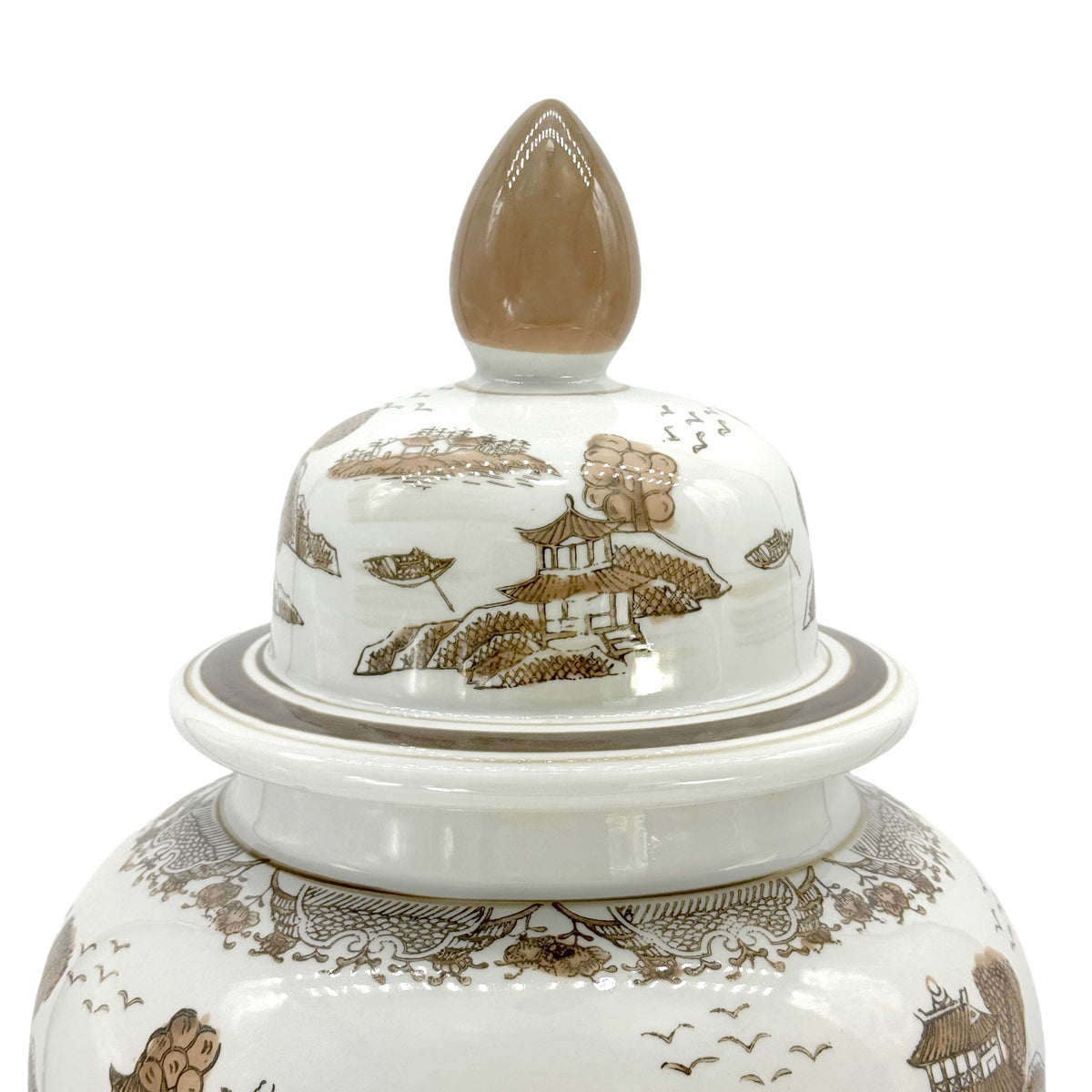 Brown & White Landscape Chinoiserie Ceramic Jar 25"