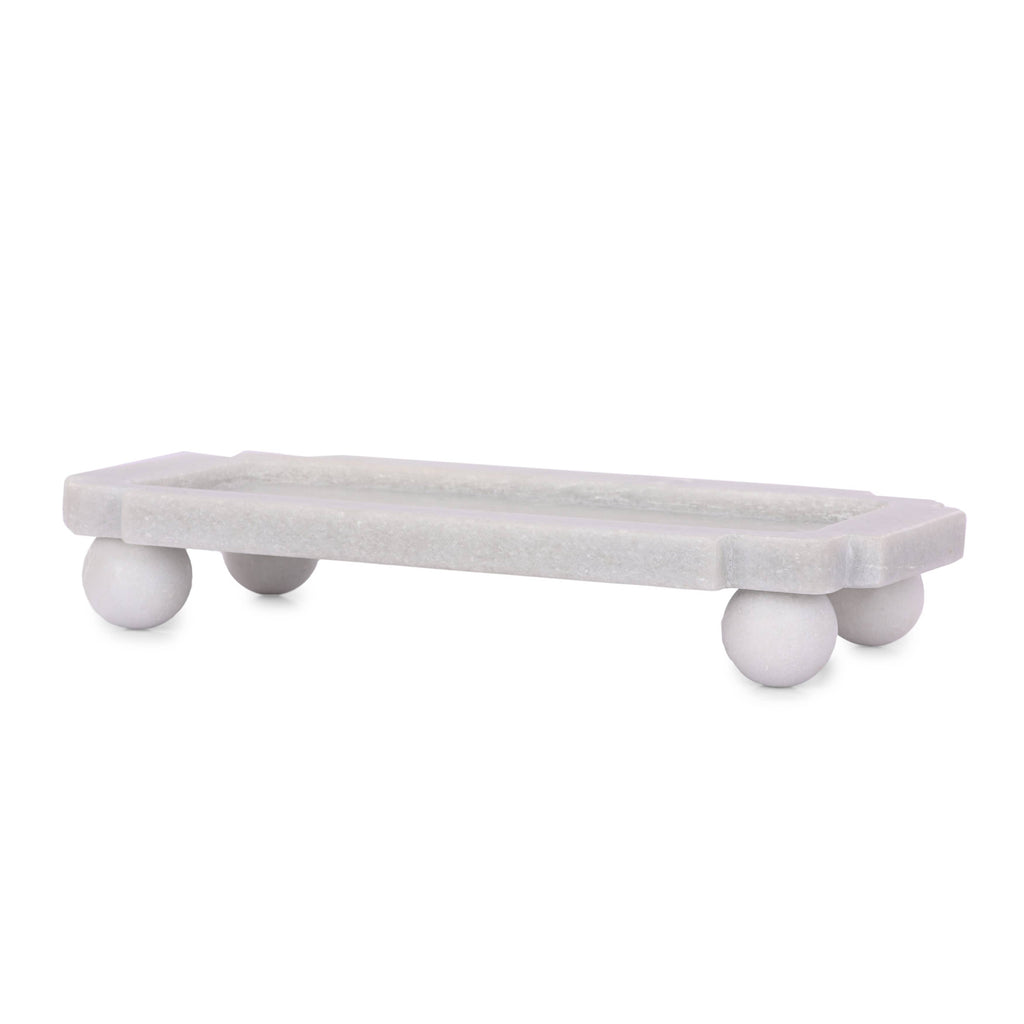 Decorative Tray - White Marble with Rounded Ball Feet, 13 in.