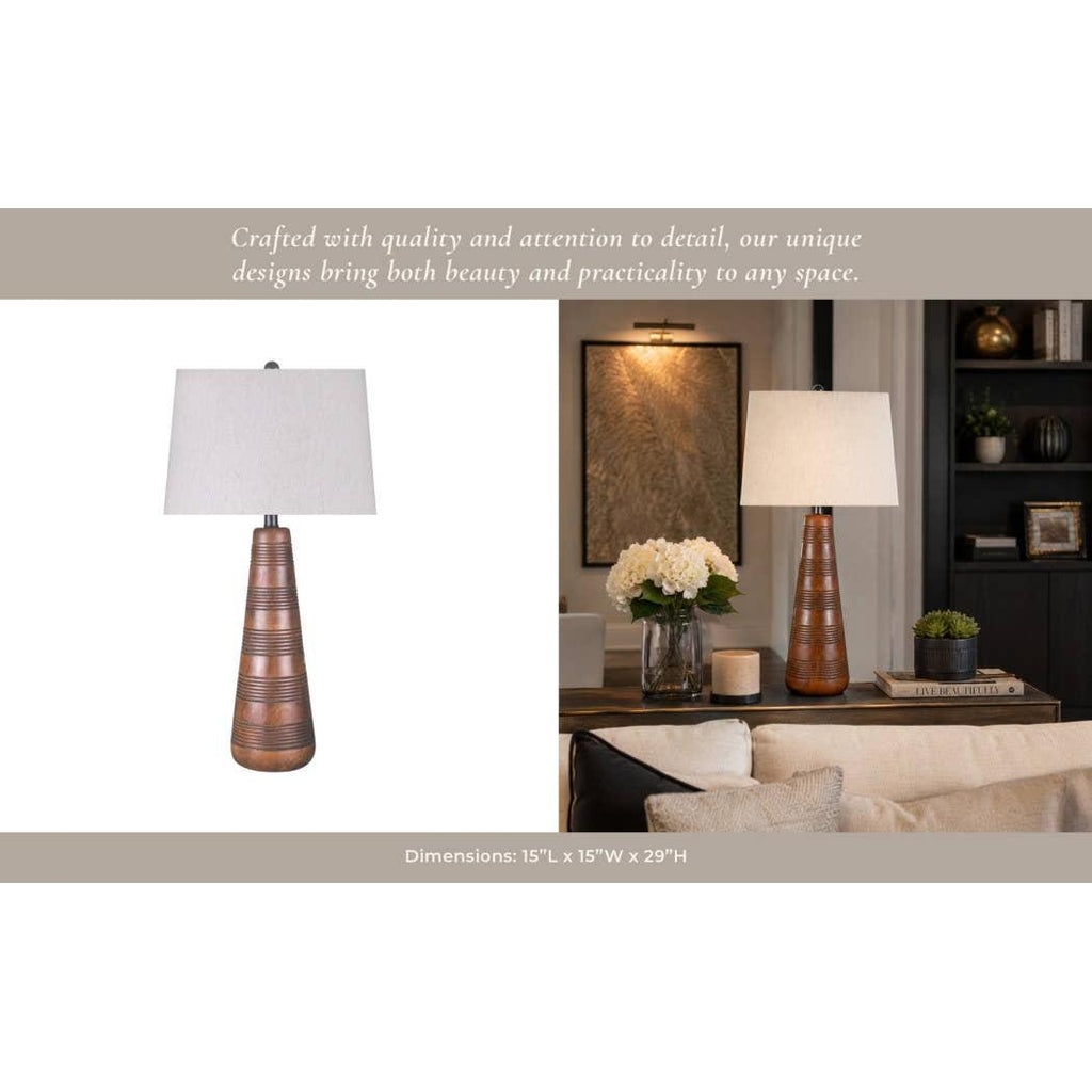Table Lamp - Brown Iron and Modern Wood Tapered Base, 29 in.