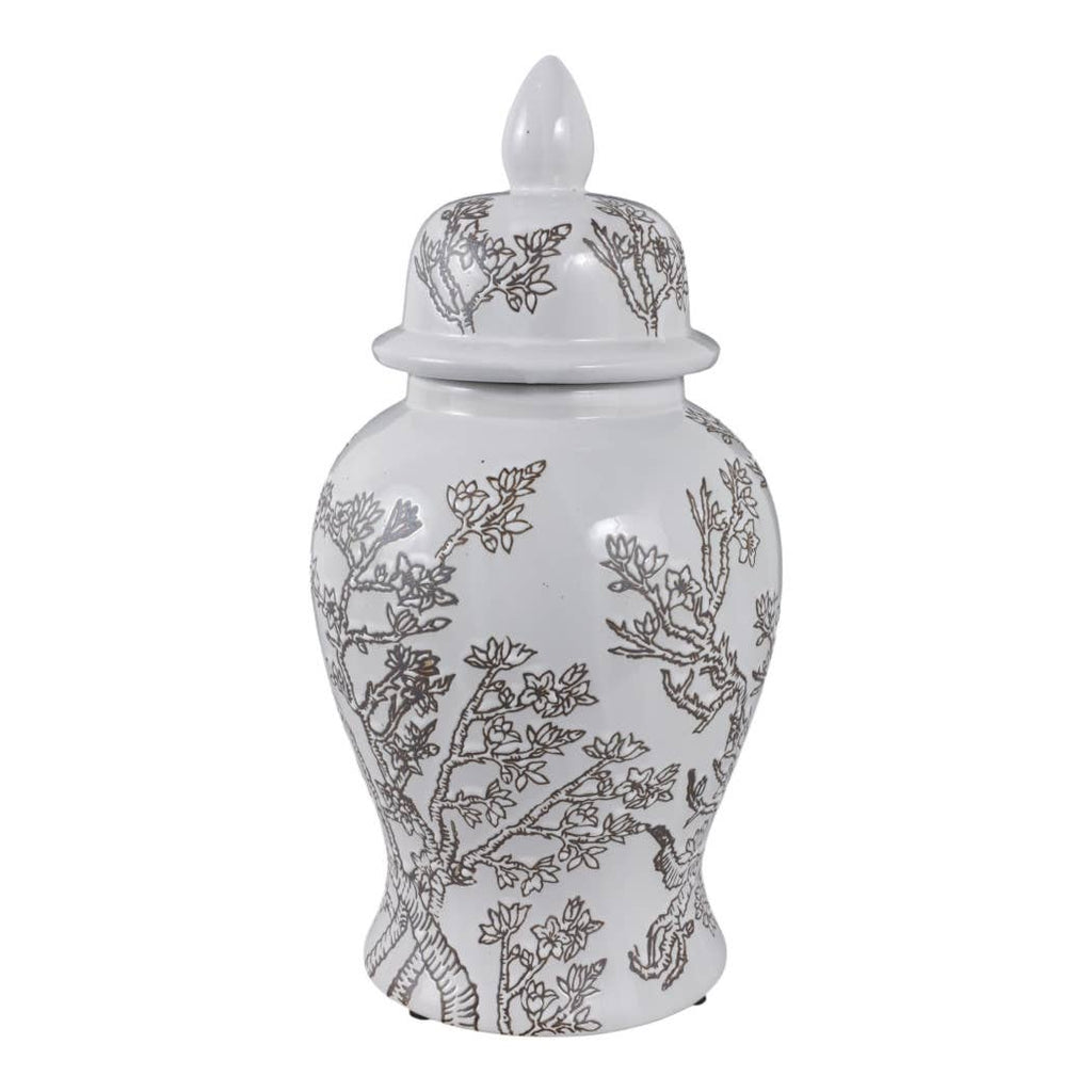 Temple Jar - White/Brown Ceramic Cherry Blossom, 15 in.