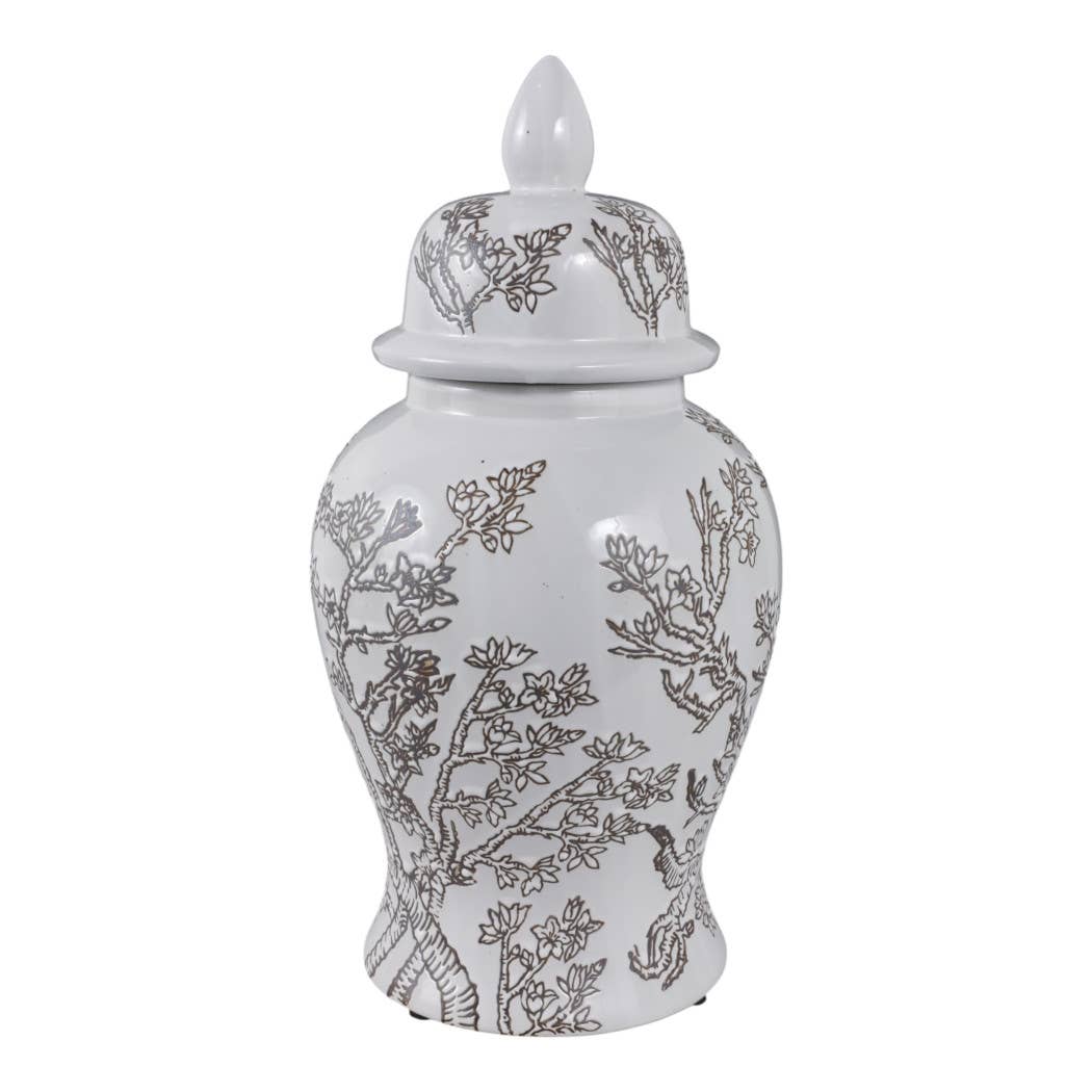 Temple Jar - White/Brown Ceramic Cherry Blossom, 15 in.