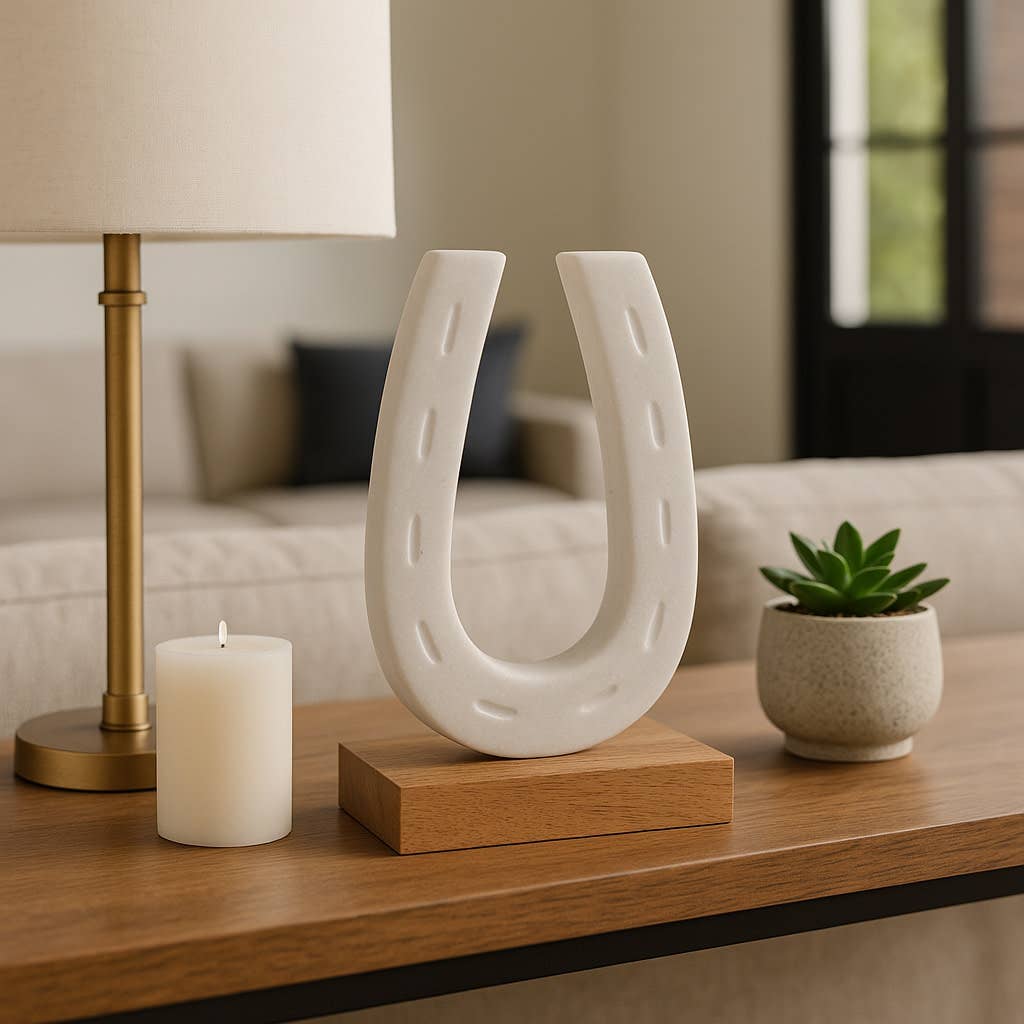 White and Brown Marble Horseshoe Figurine on Wood Base, 8 in.