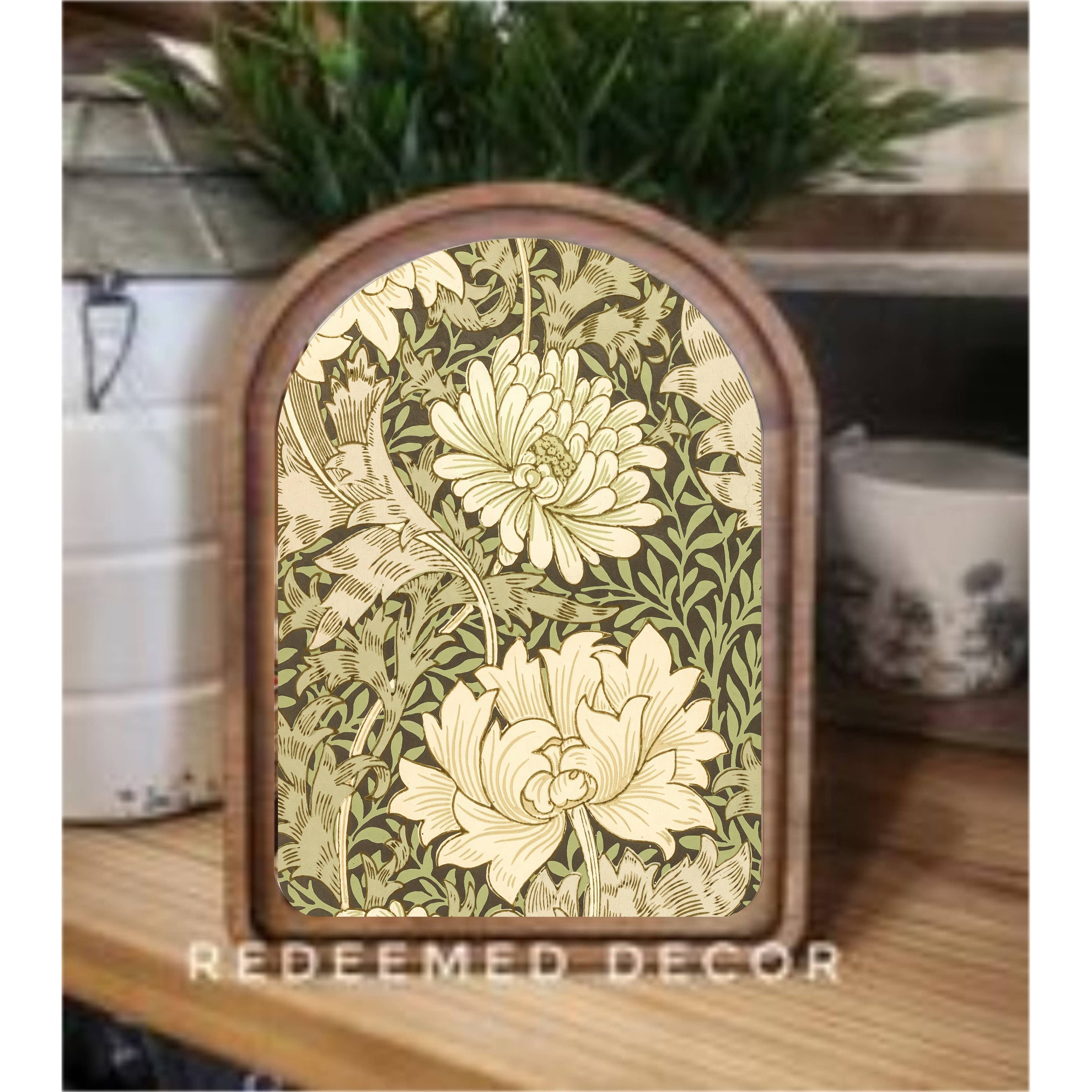 Redeemed Decor Arch Top Green Floral Tapestry Framed Art