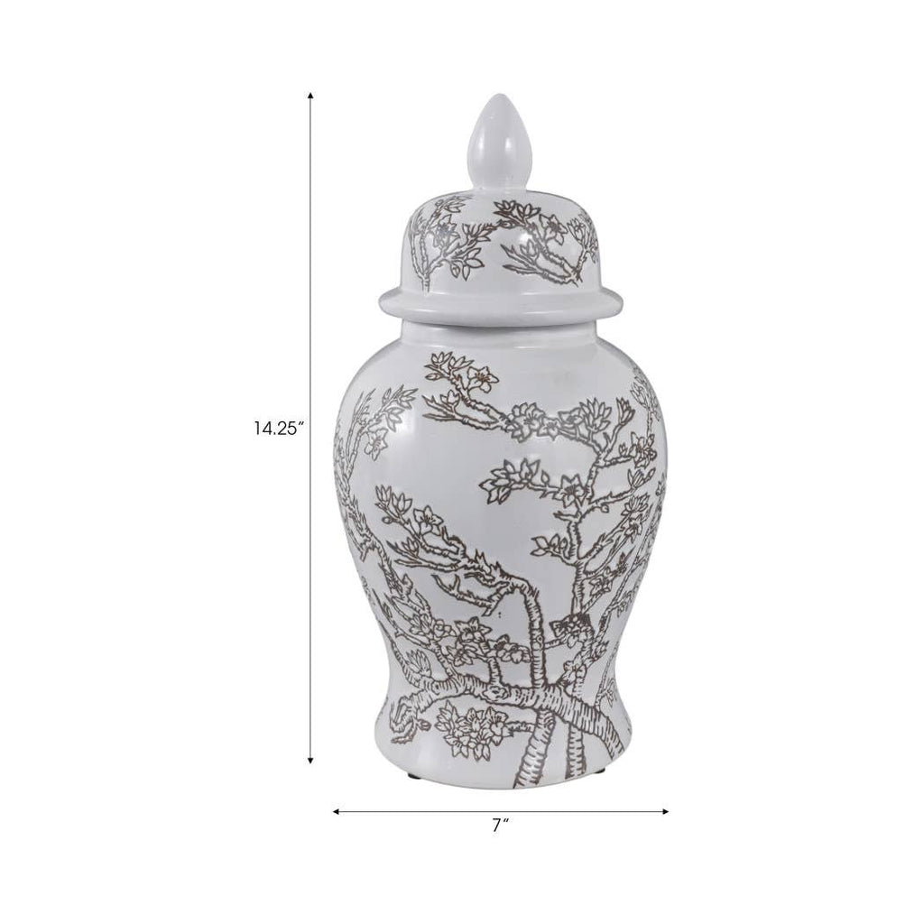 Temple Jar - White/Brown Ceramic Cherry Blossom, 15 in.