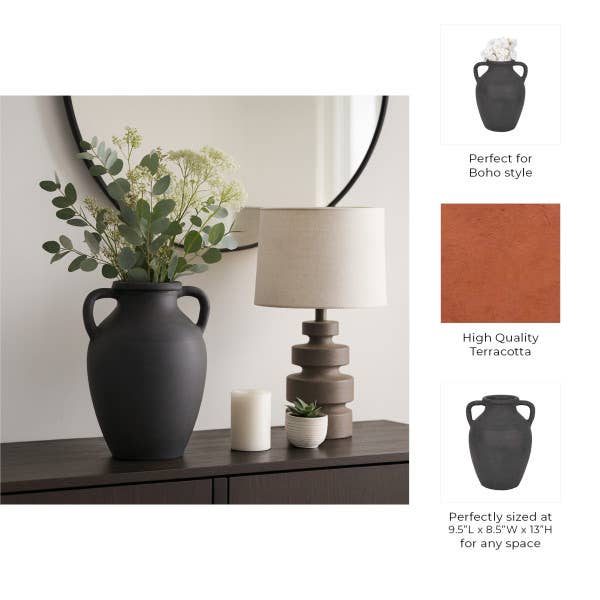 Decorative Vase - Black Terracotta with Handles, 13 in.
