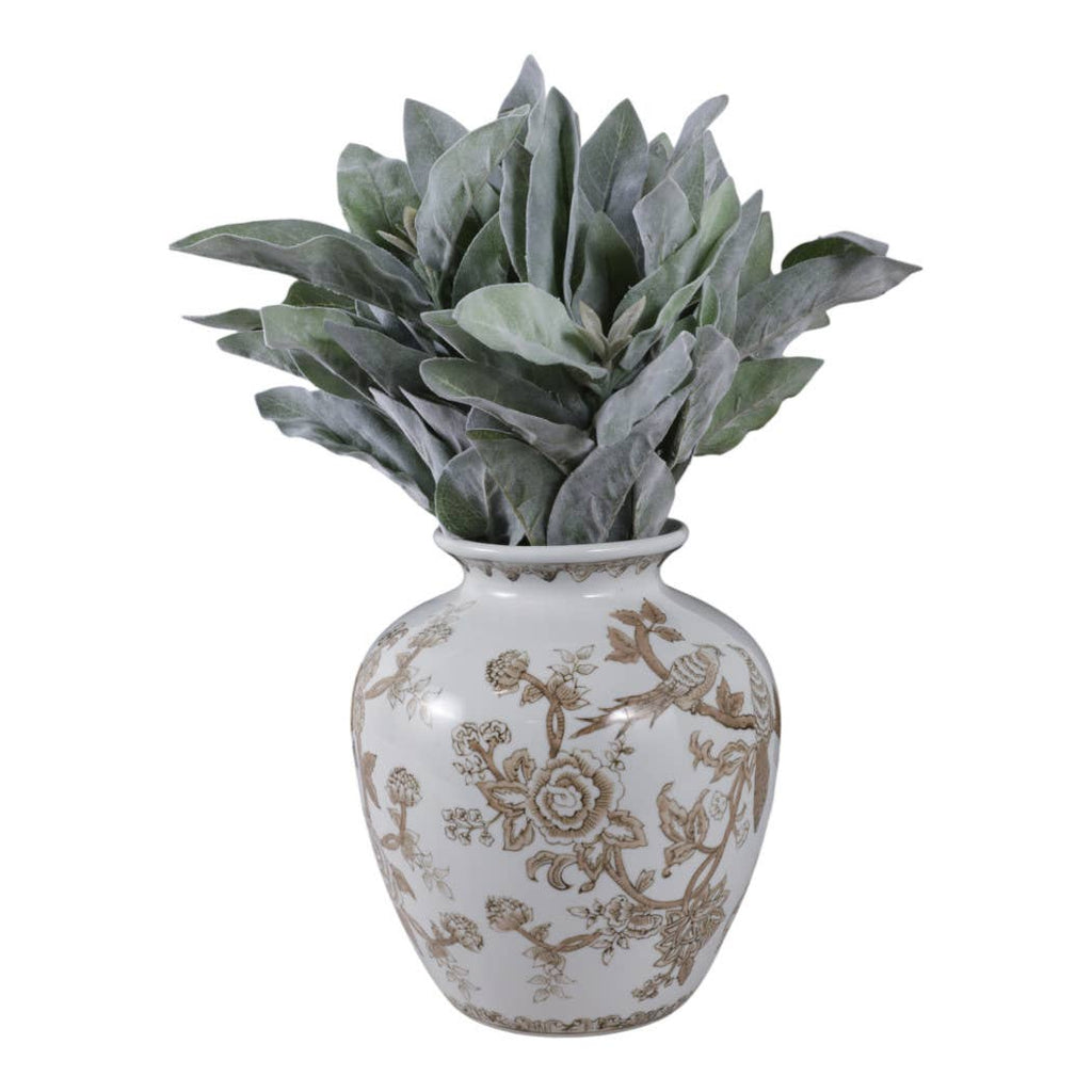 Decorative Vase - Brown/White Ceramic Bird and Vines, 10 in.