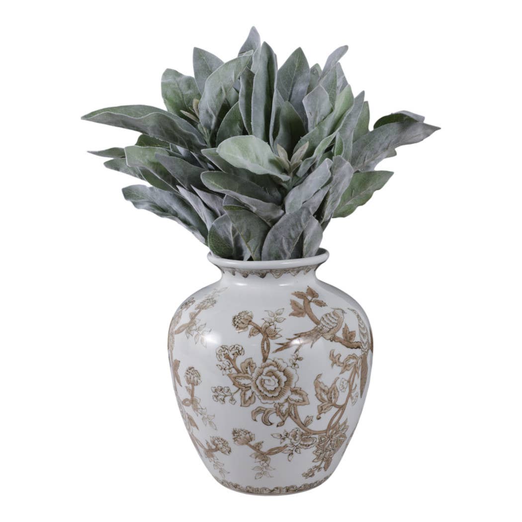 Decorative Vase - Brown/White Ceramic Bird and Vines, 10 in.