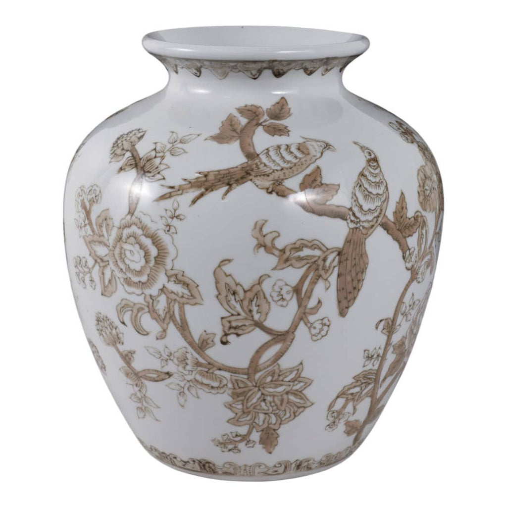 Decorative Vase - Brown/White Ceramic Bird and Vines, 10 in.