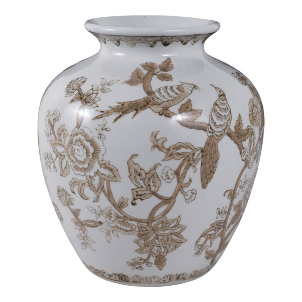 Decorative Vase - Brown/White Ceramic Bird and Vines, 10 in.