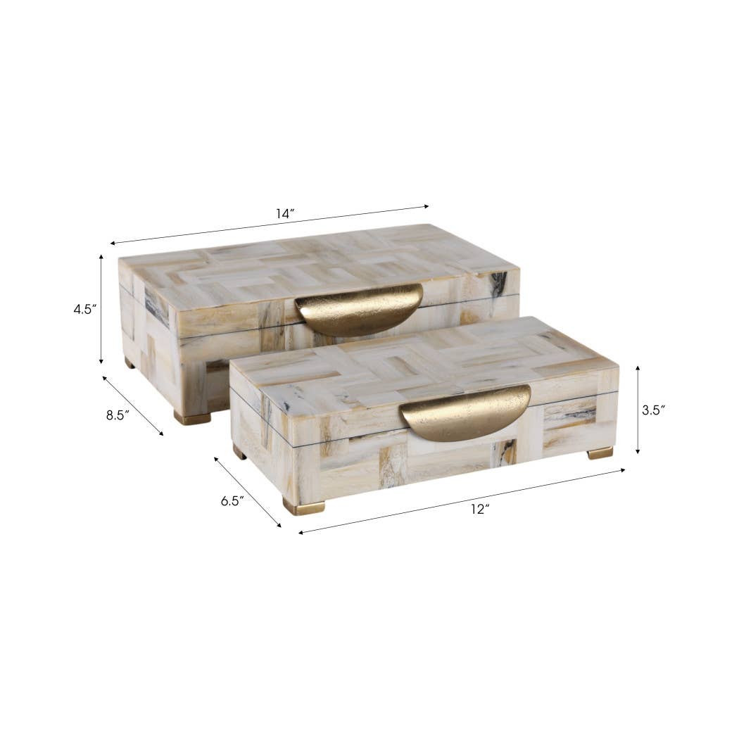 Decorative Boxes Set of 2-Tan Resin Marbled Footed, 12/14 in