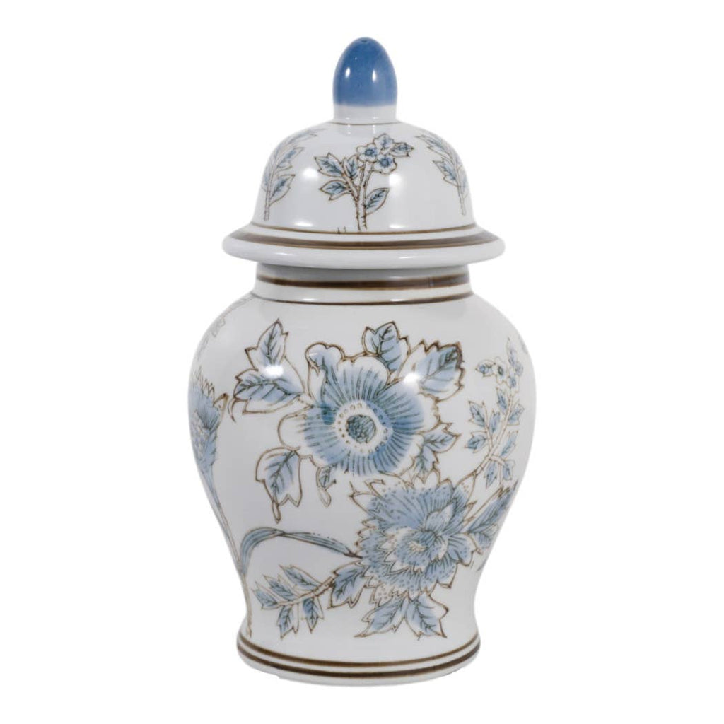 Decorative Jar - Blue/Brown Ceramic Floral Chinoiserie, 11 in.