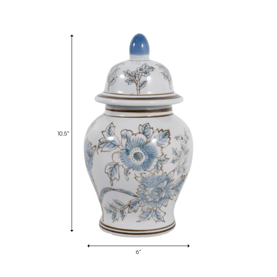 Decorative Jar - Blue/Brown Ceramic Floral Chinoiserie, 11 in.