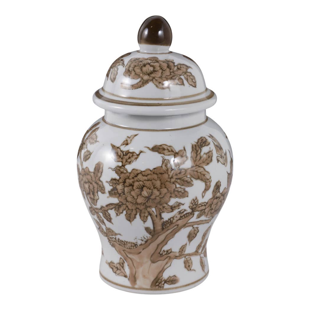 Decorative Vase - Brown & White Ceramic Jar with Lid, 8 in.