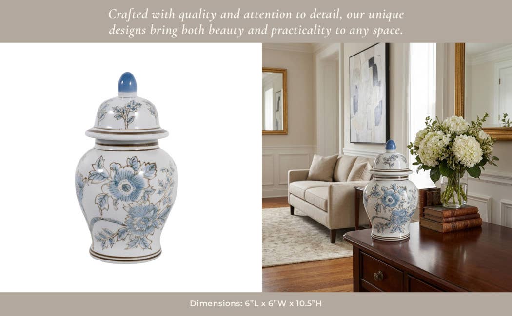 Decorative Jar - Blue/Brown Ceramic Floral Chinoiserie, 11 in.