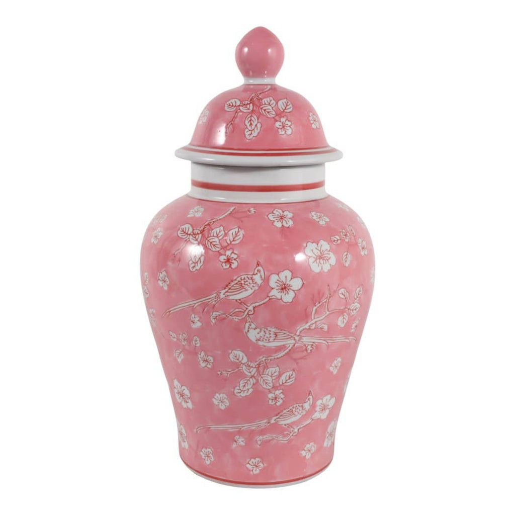 Decorative Jar - Pink/White Ceramic Floral Chinoiserie, 18 in.