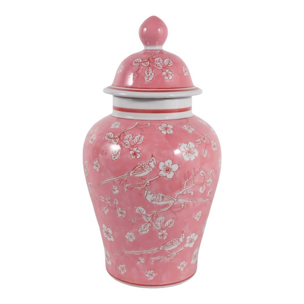 Decorative Jar - Pink/White Ceramic Floral Chinoiserie, 18 in.