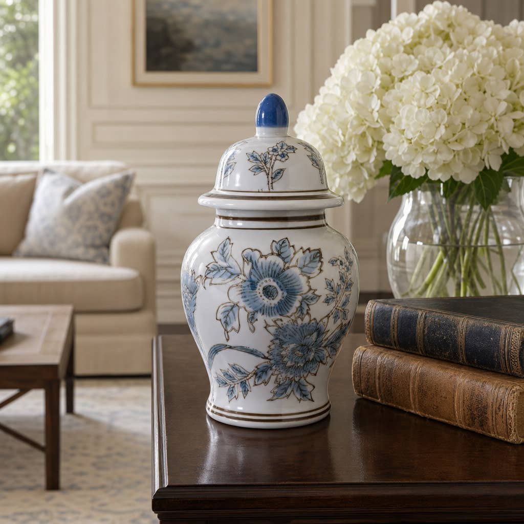 Decorative Jar - Blue/Brown Ceramic Floral Chinoiserie, 11 in.