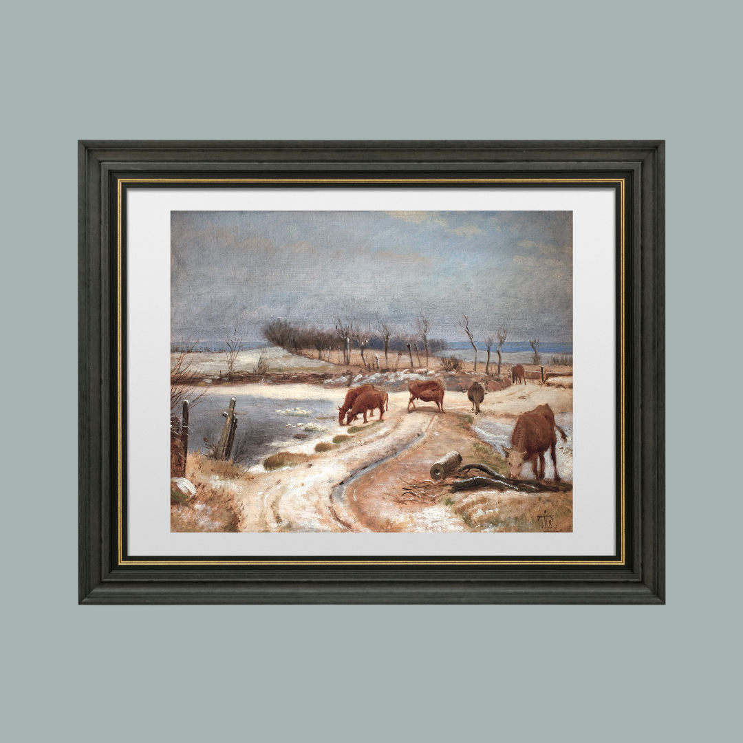 Cattle Watering on a Winter Day Antique Art Print