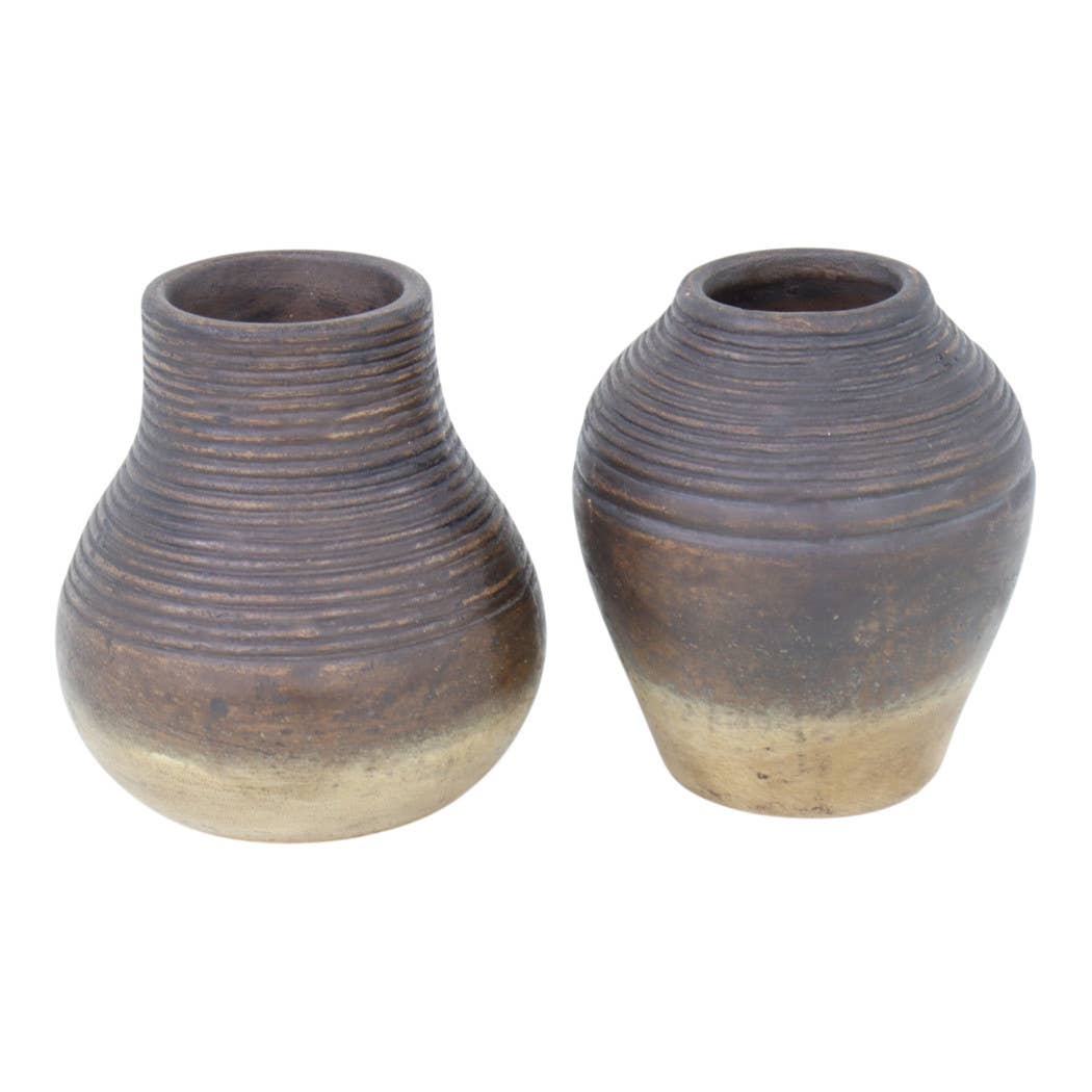 Decorative Vase Set of 2 - Brown Terracotta Grooved Lines, 6 in.