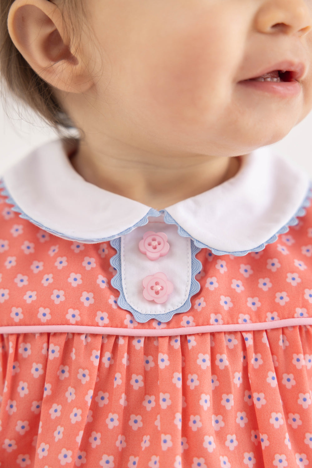 Mary Dal Bubble in Mill Street Manor Mini Floral with Barrington Blue - collar and button detail