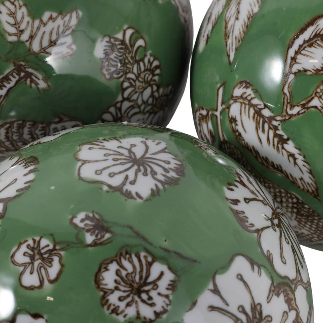 Objects Set of 3 - Green/White Ceramic Chinoiserie Orb, 5 in.