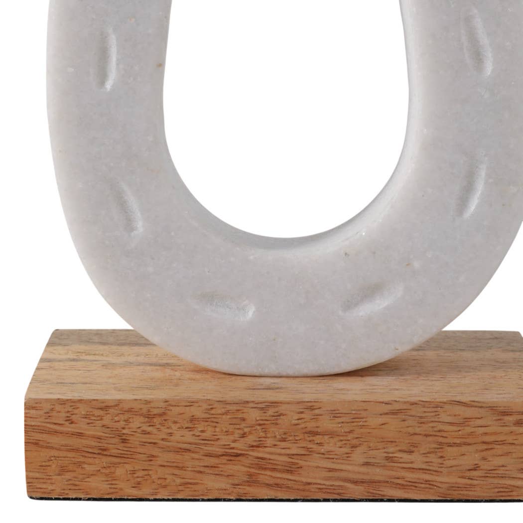 White and Brown Marble Horseshoe Figurine on Wood Base, 8 in.