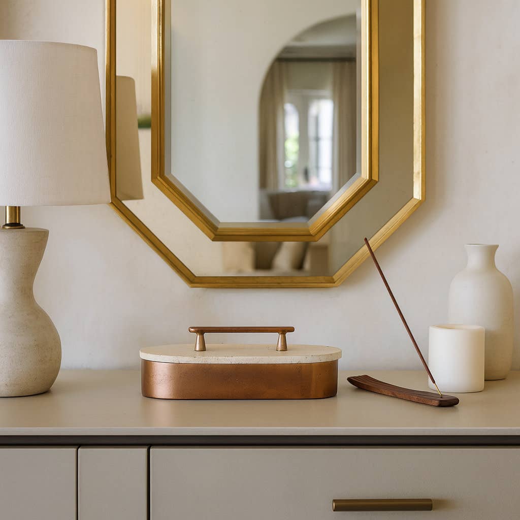 Decorative Box - Tan/Bronze Travertine Oval with Lid, 12 in.