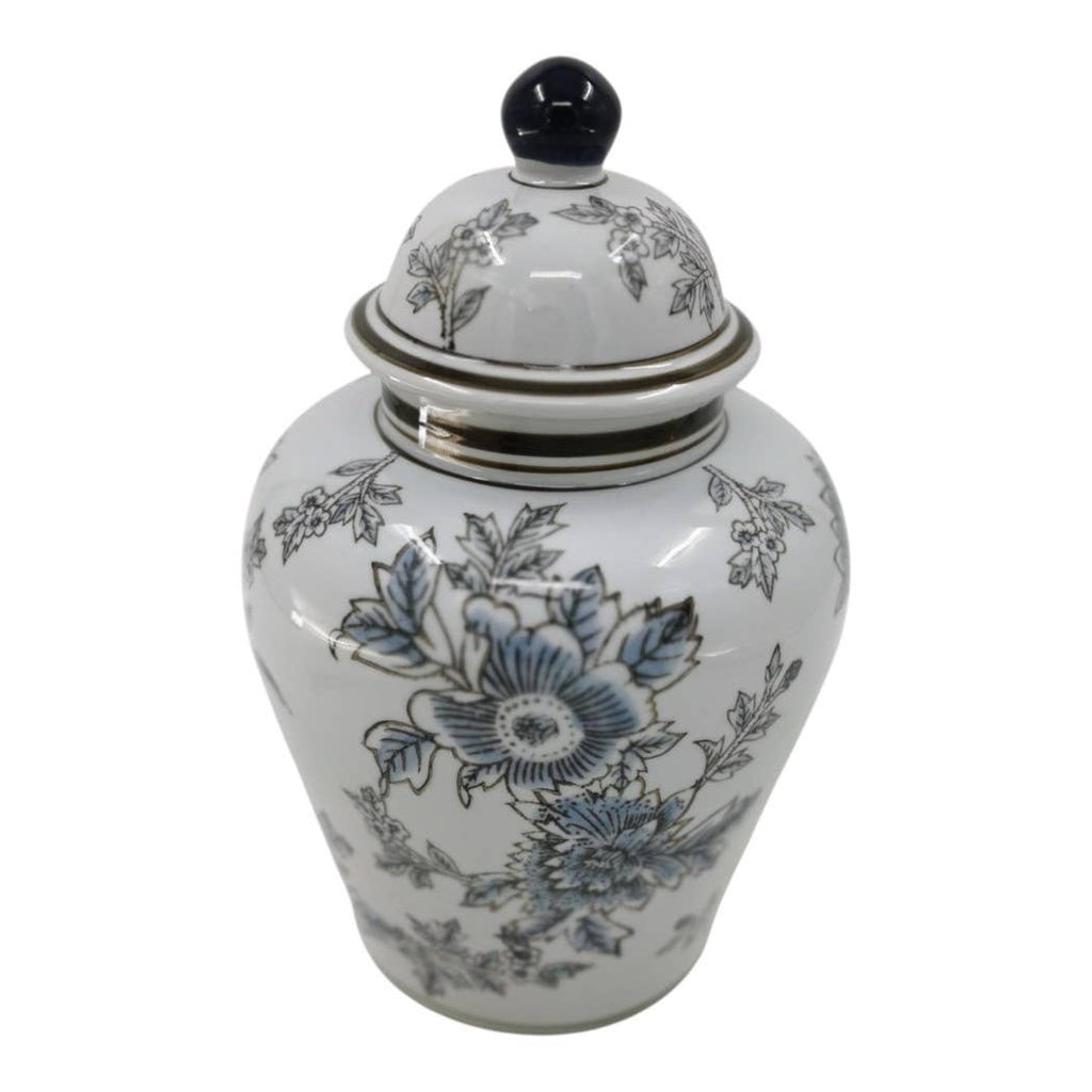 Decorative Jar - Blue/Brown Ceramic Floral Chinoiserie, 12 in.