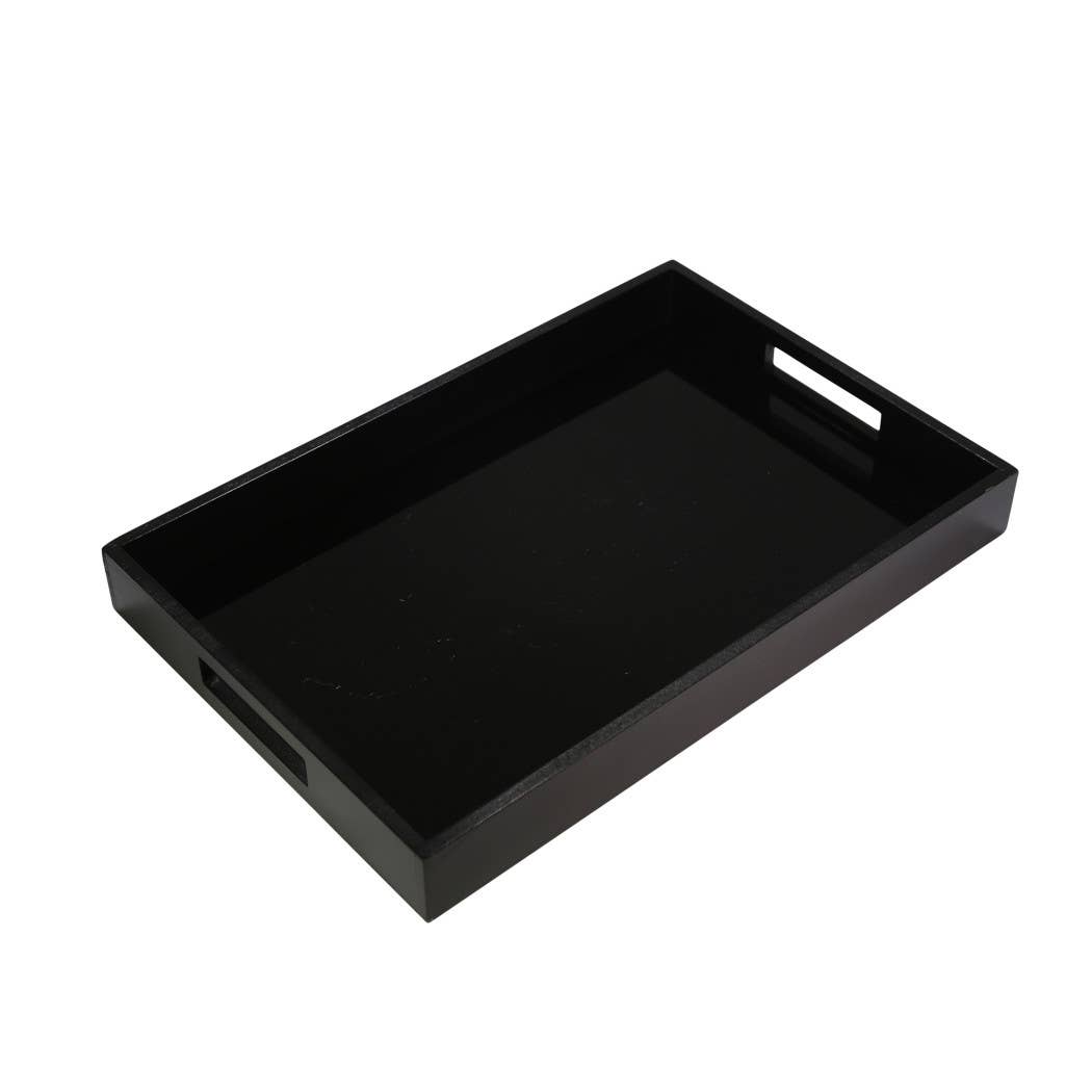 Decorative Tray - Black Wood/Glass Modern Solid, 18 in.