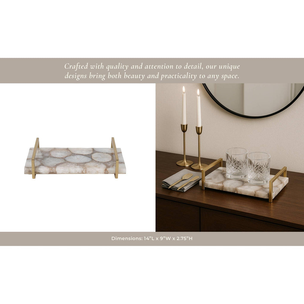 Decorative Tray - Multicolor Agate with Gold Handles, 14 in.