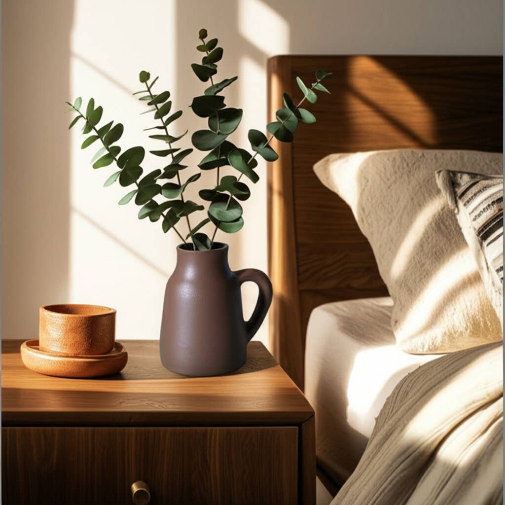 Decorative Vase - Brown Ceramic Handmade with Handle, 8 in.