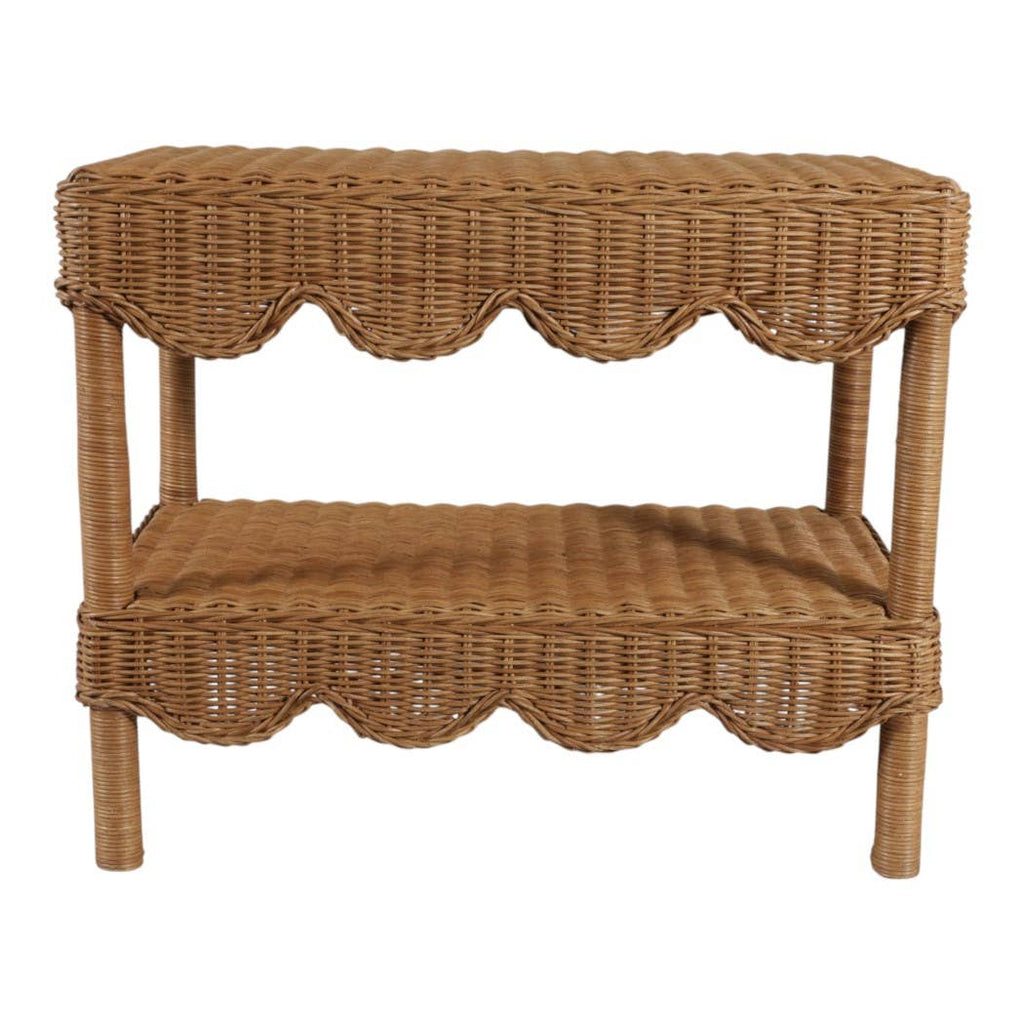 Side Table - Tan/Brown Wicker with Scalloped Edges, 19 in.