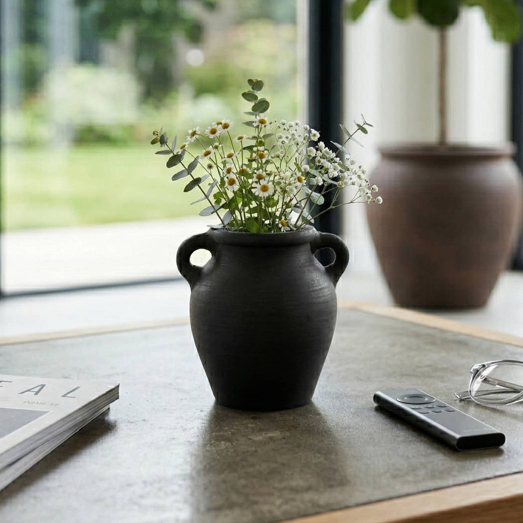 Decorative Vase - Black Terracotta Bud with Handles, 6 in.
