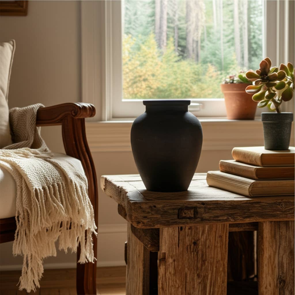 Ceramic Traditional Round Jug Vase - Black, 10 in.