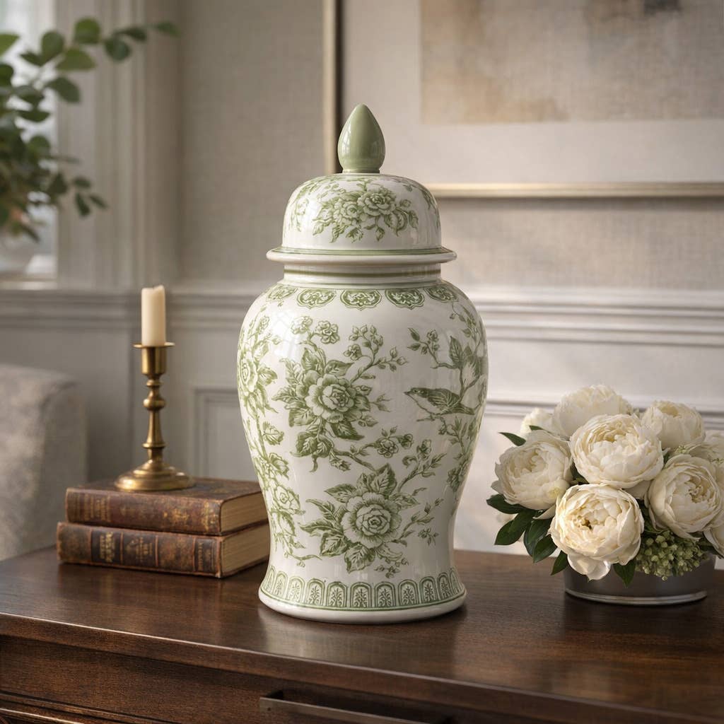 Green and White Round Floral Chinoiserie Jar, 14 in.
