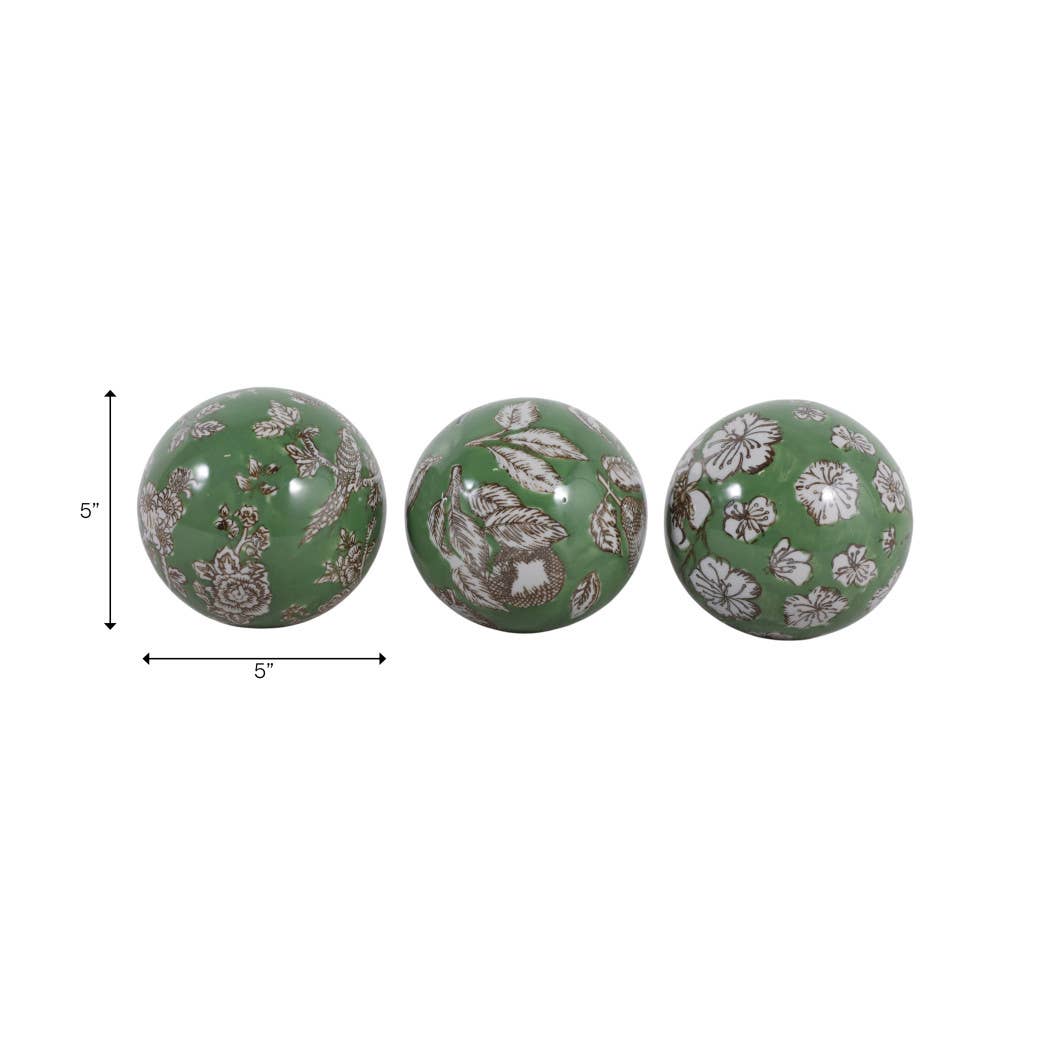 Objects Set of 3 - Green/White Ceramic Chinoiserie Orb, 5 in.