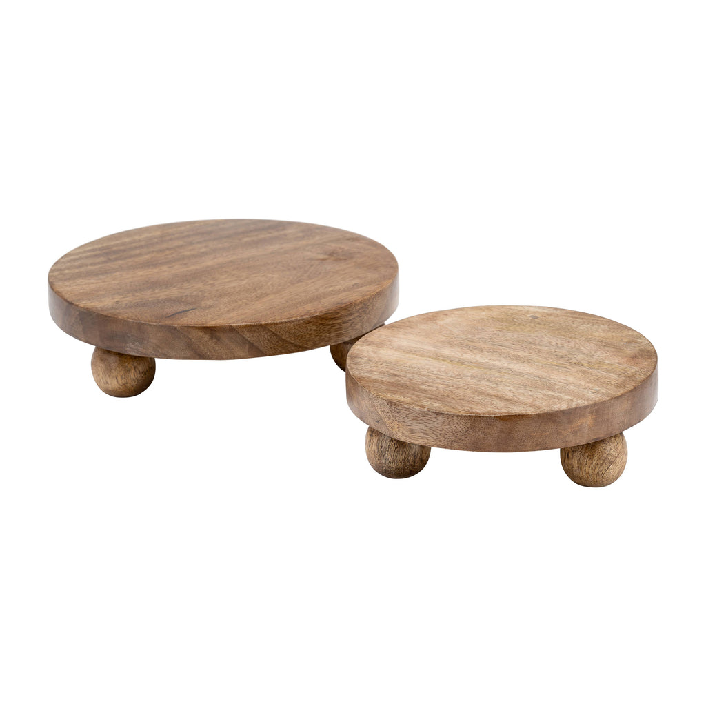 Mango Wood Round Riser Trays, Set of 2 - Brown, 8/10 in.