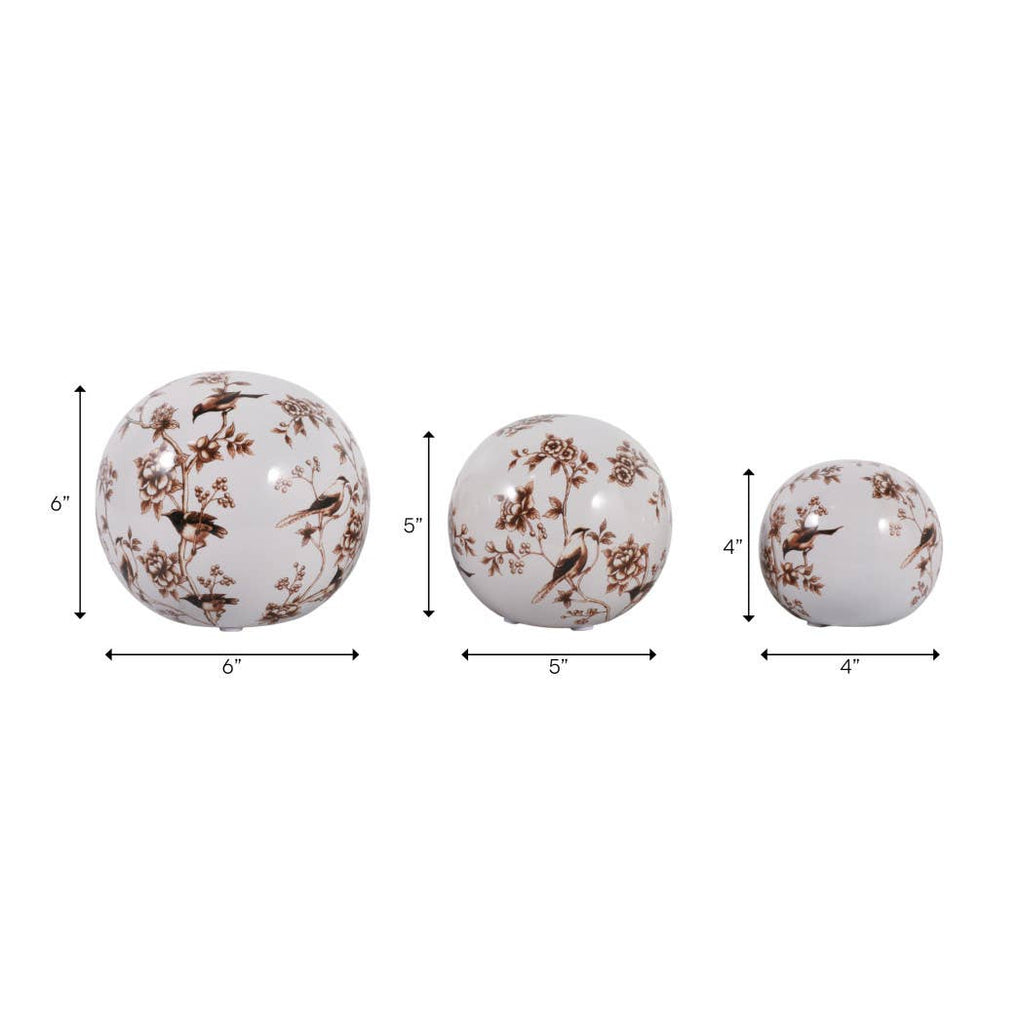 Objects Set of 3 - Brown/White Ceramic Birds Orbs, 4/5/6 in.